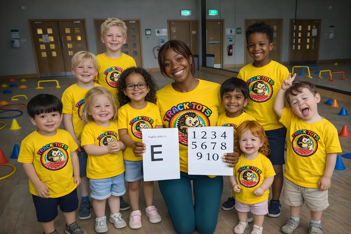 Track Tots group in yellow tops holding letter and number sheets