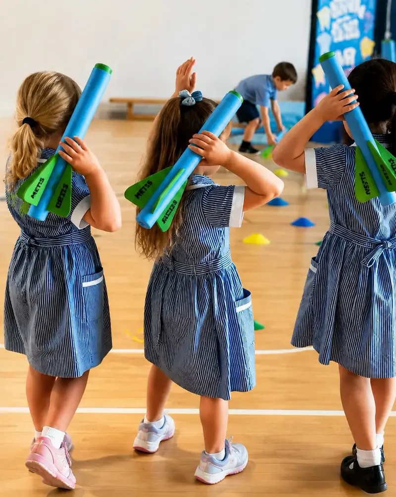 Three girls holding foam javelins in an Afterschool Track Tots session